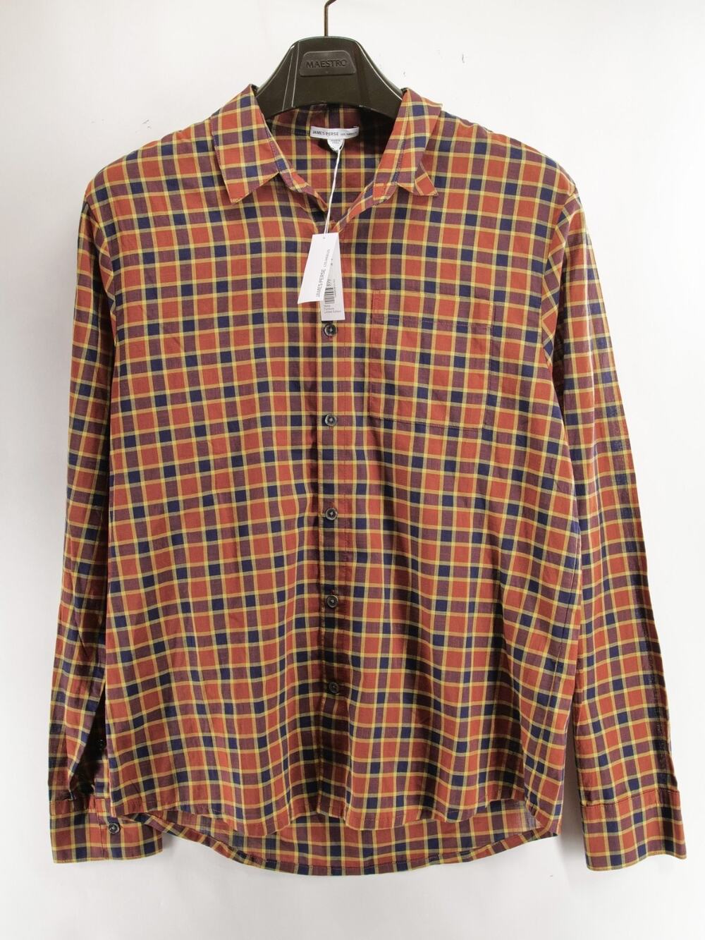 James Perse LA Plaid NWT Button Down Shirt Men's Size 1 Small Tan Navy MOCM3504